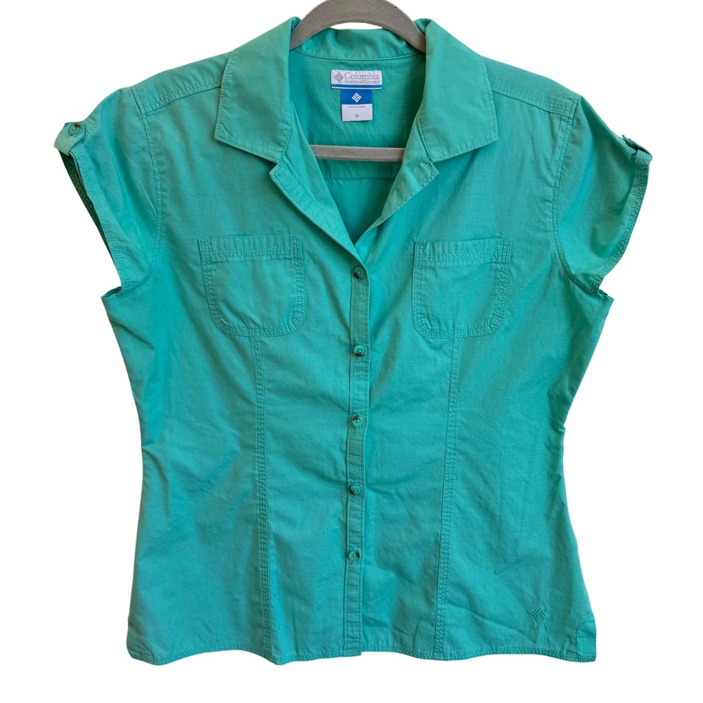 Columbia Short Sleeve Button Up Shirt Women's M Teal Cap Sleeve Outdoor Hiking